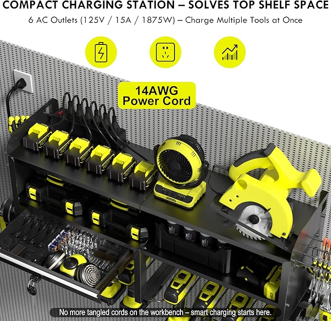 KSVO Power Tool Organizer Wall Mount with Drill Holder, Grinder Bracket, Hammer and Pliers, Locking Drawer, 6-Outlet Charging Rack - Heavy Duty Metal Tool Storage Garage, Workshop (Yellow)
