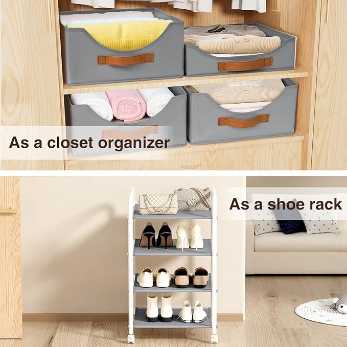 DIMJ Clothes Drawer 4 Tier - Fabric Closet Drawer System Rolling, Portable Closet Drawers for Clothes with Wheels, Small Closet Organizer & Replacement Drawers for Bedrooms, Office, Nursery, Grey