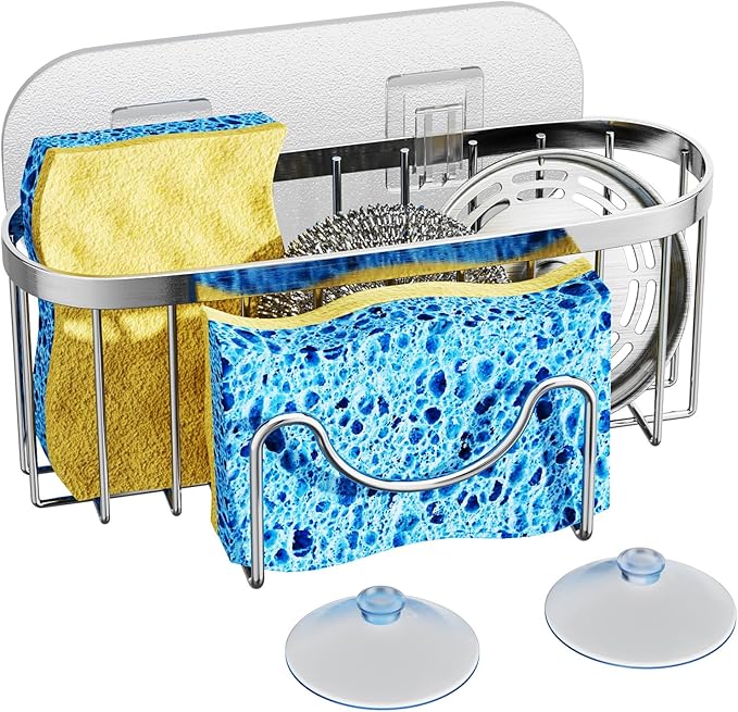 HapiRm Kitchen Sponge Holder for Sink - 2 Installation Methods Kitchen Sink Caddy Organizer with Unique M-Shaped, Rustproof Stainless Steel Sponge Caddy - Silver (Large)