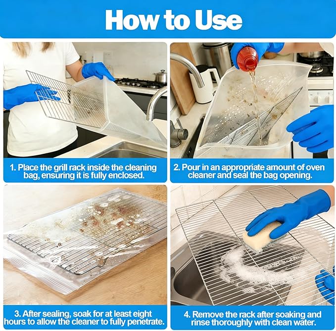 XANGNIER 3 Pack No Scrub Oven Rack Cleaning Bags 39.3 * 31.4in,No Cleaner Included,Simple to Use,No Messy Hands Reusable Leakproof Soaking Cleaner Bags for Removable Metal Rack,BBQ Grills,Grill Grate