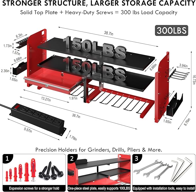 KSVO Power Tool Organizer Wall Mount with Drill Rack, Grinder Holder, Hammer & Pliers Rack, Locking Drawers, 6-Outlet Charging Shelf – Heavy Duty Metal Tool Storage for Garage, Workshop (Red)