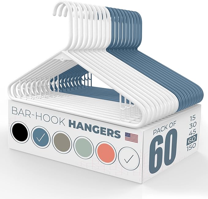 Neaties Plastic Hangers 50 Pack (60 Count) – Made in the USA – 6lb Capacity Standard Clothes Hangers with Strap Hooks for Dresses, Lingerie, Shirts, Pants, and Jackets – White & Blue