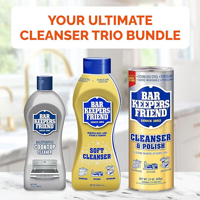 BAR KEEPERS FRIEND Cleanser Trio - Mega Bundle (21 Oz Cleanser and Polish Powder | 26 Oz Liquid Soft Cleanser | 13 Oz Cooktop Cleaner) Plus 1 Foxtrot Microfiber Towel and 1 Microfiber Scrubber Sponge