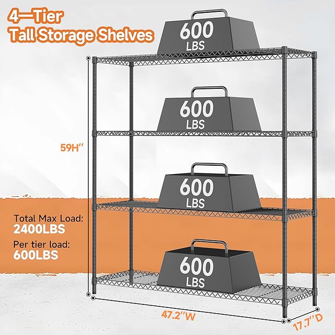 M MZG 2400LBS 47.3" W Stand Shelf Wire Rust-Proof Outdoor Storage Shelving 4-Tier Utility Shelving Unit for Garden Home,Kitchen,Office Dark Grey 17.7" D x 47.3" W x 59.4" H