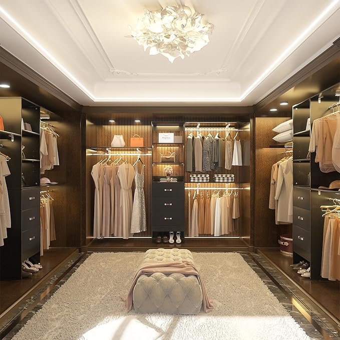 iSunirm 8FT Closet System, 96'' Closet Organizer System with 3 Hanging Rods, Wall Mount Bedroom Wardrobe with 3 Drawers Walk-in Closet, Adjustable Cloth Garment Rack from 5 to 8FT (Cut to Fit), Black