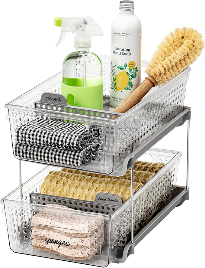 madesmart 2 Tier Organizer, Under Cabinet Storage with Pull Out Sliding Drawers, for Cleaning Supplies, Undersink, Sponges, Bottles & Bath, Adjustable Dividers & Pull Out Baskets, Grey