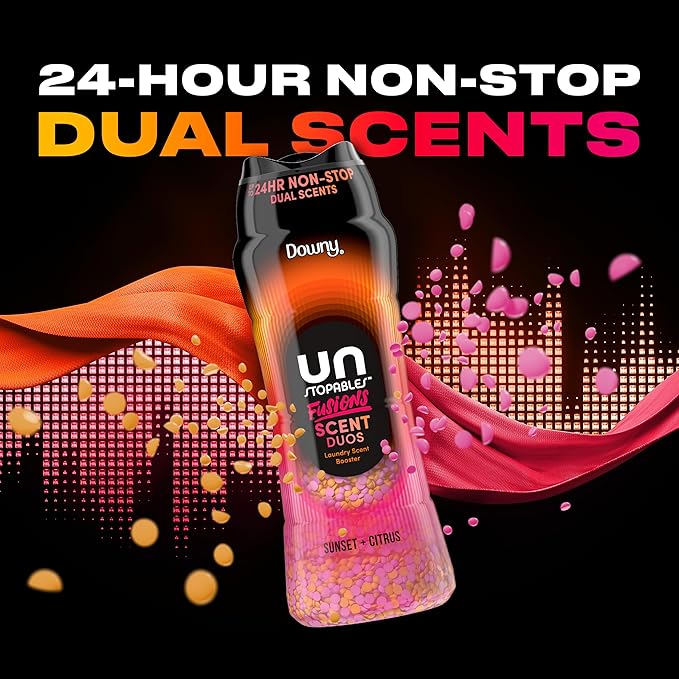 Downy Unstopables Fusions Scent Duos Laundry Scent Booster Beads, Sunset and Citrus Scent, 21.1 OZ, 24hr non-stop freshness with 2 in 1 dual scent laundry scent beads