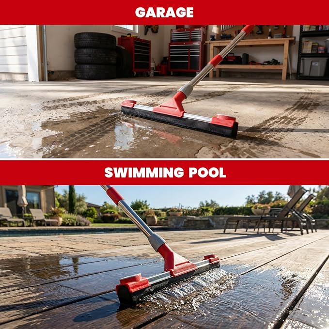 Heavy Duty Floor Squeegee for Concrete Floor – 17.3'' EVA Foam Blade with Built-in Towel Clip, 62'' Extendable Handle, Uneven Surface Floor Squeegee Broom for Garage, Window, Pool, Tile, Patio &Shower