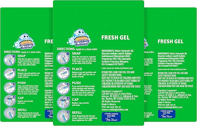 Scrubbing Bubbles Fresh Gel Toilet Bowl Cleaning Stamps Refills, Helps Keep Toilet Clean and Helps Prevent Limescale & Rings, Rainshower Scent, 12 Stamps (Pack of 3)