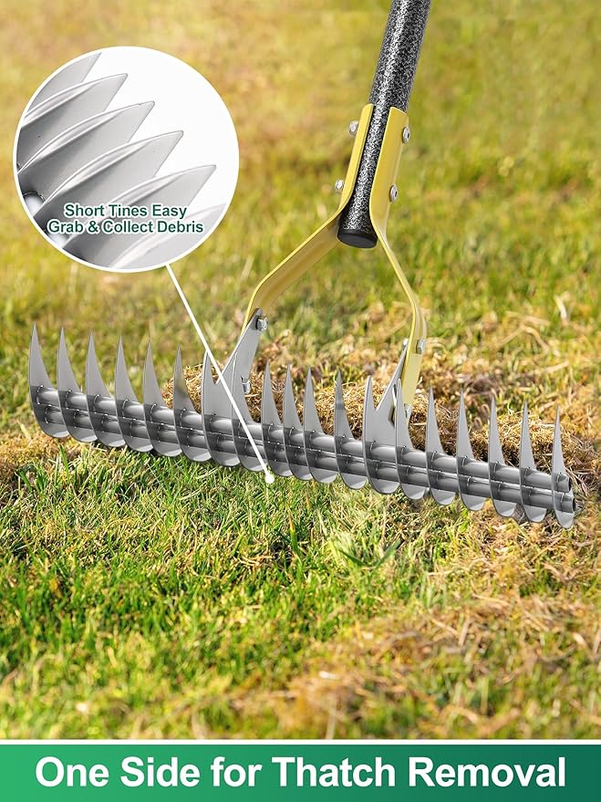 Thatch Rake, 2-in-1 Lawns Manual Dethatcher with Adjustable Head, 70" Heavy Duty Metal Dethatching Rake Garden Tools, 19-Tooth Sharp Blade for Yard Dead Grass, Moss Removal, Soil Loosening