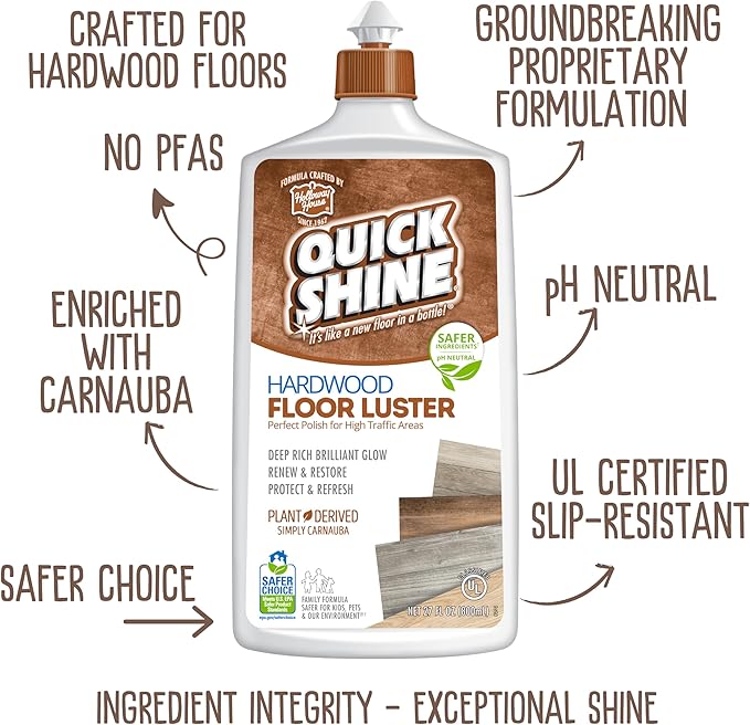 Quick Shine Hardwood Floor Cleaner & Wood Floor Polish w/Plant-Derived Carnauba 2-27oz Bottles, Removes Scratches, Safer Choice, A Clean That Can Be Seen