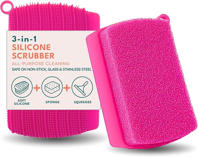 3-in-1 Silicone Scrubber Sponge with Squeegee – Non-Scratch Kitchen Sponge for Dishes, Sink & Bathroom, Quick-Dry, Reusable Cleaning Tool (Pink)
