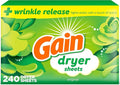 Gain Dryer Sheets Plus Wrinkle Release, Original Scent, 240 Count, Wrinkle Reducing Anti Static Laundry Sheet