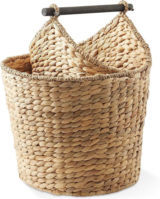 Casafield Toilet Paper Roll Storage Basket with Magazine Holder, Natural - Woven Water Hyacinth Wicker Bathroom Bin for Bath Tissue and Toiletries