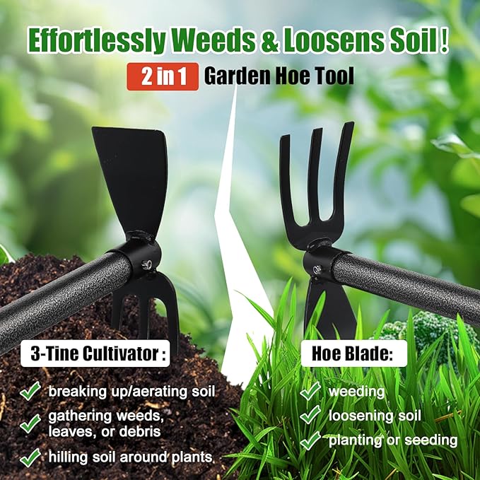 Hoe Garden Tool - Heavy Duty 2 in 1 Weed Hoes with Tiller Cultivator Rake,60 Inch Garden Hoe Long Handle for Weeding,Hand Weeder Tools for Indoor Outdoor Gardening,Planting