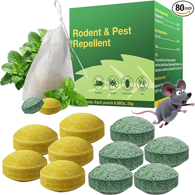 Rodent Repellent with Peppermint Oil – Mouse & Squirrel Deterrent for Car Engines, Garage, Attic – Rat/Mole/Mice Repellent – Indoor Outdoor Use – Alternative to Mouse Trap & Moth Balls.(80 Pack)