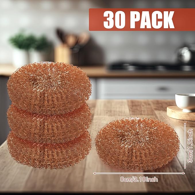 Baderke 30 Pcs Copper Coated Scouring Pad for Dishes Pots Pans and Ovens Easy Scouring for Tough Kitchen Cleaning