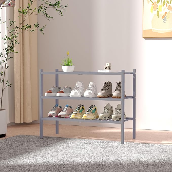 ROMGUAR CRAFT 3 Tier Bamboo Shoe Rack for Closet Free Standing Wood Shoe Shelf Storage Organizer for Entryway Small Space Stackable 27"x11"x20" (Grey)