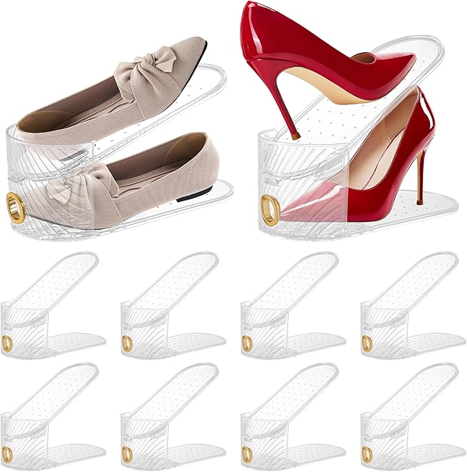 Shoe Slot Organizer 10 Pack - Shoe Slots，Can Save 50% of Shoe Stackers Space，Adjustable Shoe Stacking Device, Double-Layer Design for Shoe Slots Organizer for Closet. (Clear, 10 Pack)
