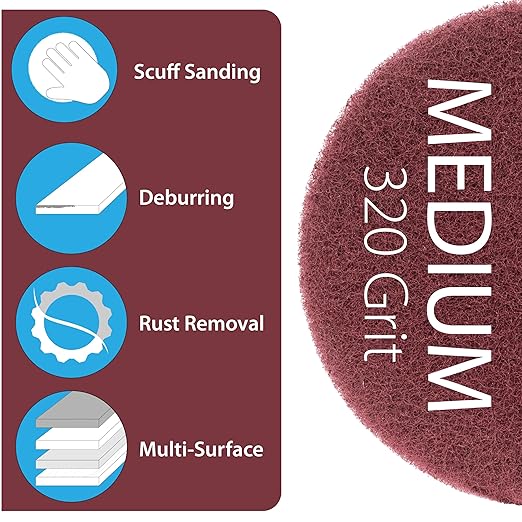 5" Abrasive Pad Hook & Loop Round Non-Woven Discs for Wood, Metal, Scuff Sanding Between Coats of Finish/Paint, Rust Removal, Deburring, Clean Metal, Medium Scuff Pads - 320 Grit - 10 Pack (Maroon)