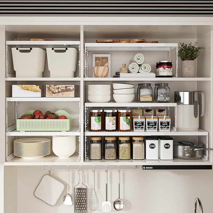 Jojocross Adjustable Stackable Metal Storage Shelf Organizer - Expandable Wire Rack with Perforations for Kitchen, Pantry, Bathroom, Cabinet & Office-Compact, Durable & Sturdy (2PACKS/Medium/White)