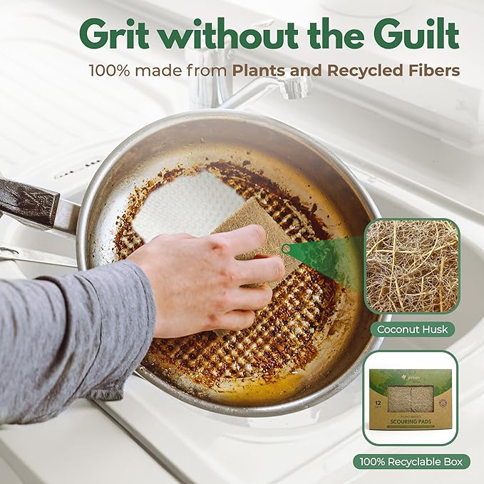 Plant-Based Scouring Pads for Dishes - Coconut Husk Non Scratch Scrub Pads - Natural Kitchen Scrubbing Pads for Pots & Pans - Eco Friendly & Non Abrasive Dish Scrubber Pads - Pack of 12