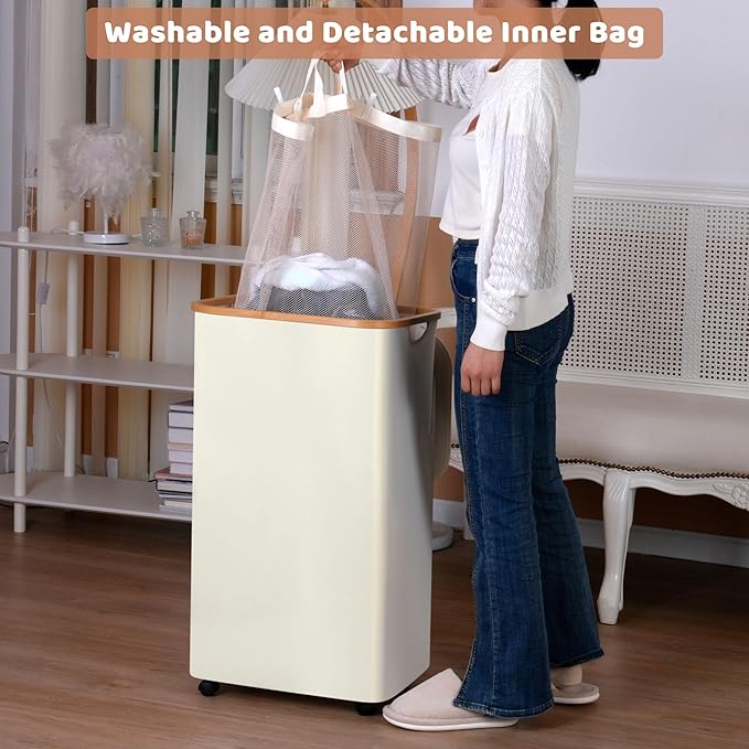 iEGrow Laundry Basket with Wheels, 110L Clothes Hamper for Laundry, Laundry Hamper with Bamboo Lid and Inner Bag, for Laundry Room, Bedroom, Dormitory Storage,Pink