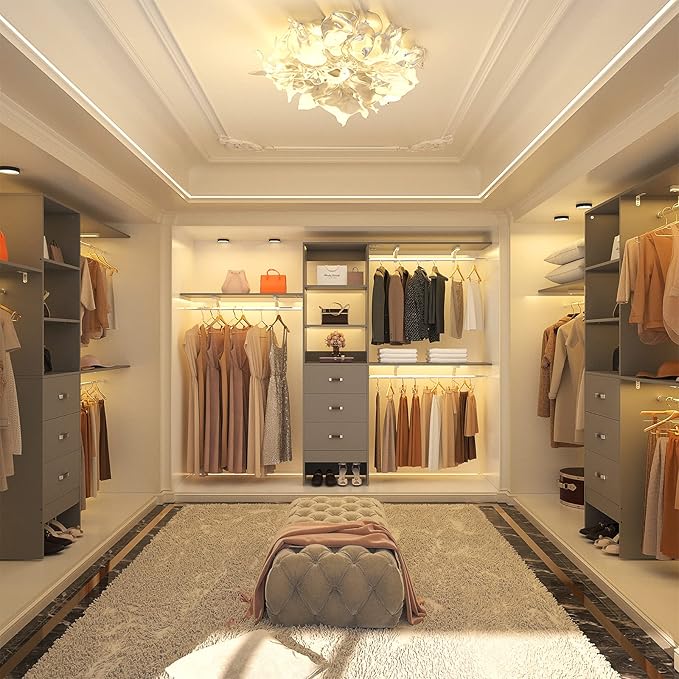 iSunirm 8FT Closet System, 96'' Closet Organizer System with 3 Hanging Rods, Wall Mount Bedroom Wardrobe with 3 Drawers Walk-in Closet, Adjustable Cloth Garment Rack from 5 to 8FT (Cut to Fit), Grey