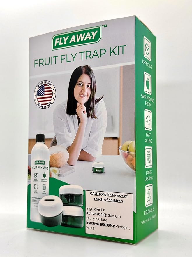 Fly Away - Fruit Fly Trap Kit: 3X Reusable Fruit Fly Traps for Indoors + 12 oz. Liquid Bait. Fast Acting. Attractive Design, Perfect for Homes, Bars and Restaurants. 270+ Day Supply. Made in USA
