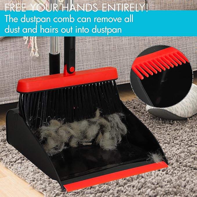 PHYEX 2-Pack Broom and Dustpan Combo Set, with 48" Adjustable Long Stainless Handles, Stand Up Dustpan with Self-Cleaning Teeth, Ideal for Home, Office, Kitchen, Indoor & Outdoor Use, Black