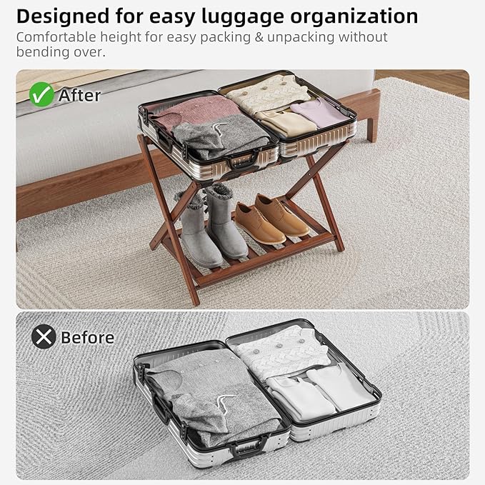 BAMBOOHOMIE 2 Pack Bamboo Luggage Rack for Guest Room, 26.77" Folding Wide Suitcase Stand with Storage Shelf, Thickened Luggage Stand Holder for Bedroom Hotel, Luggage Rack for Suitcases (Brown)