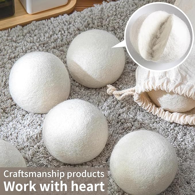 Organic Wool Dryer Balls, Wool Balls for Dryer, Laundry Balls for Dryer Reusable 6P Reducing Clothing Wrinkles,Saving Drying Time and Fabric Fluffier 100% New Zealand Wool Lint Balls (18p White)
