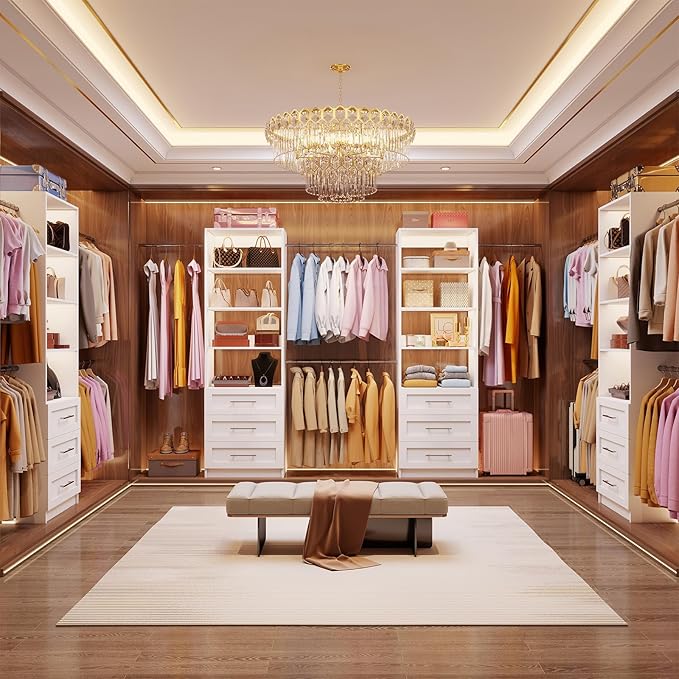 Closet System with 6 Drawers, 6FT-15FT Wooden Closet Organizer System with 8 Expandable Hanging Rods and Shelves, Closet Shelving System for Walk in Closet for Bedroom,Wall Mount, White 2 Sets