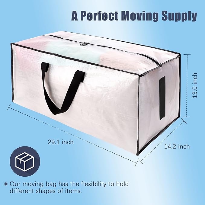 HOMESURE 4 Pack Large Strong Moving Bags with Zippers & Carrying Handles - Water-Resistant - Heavy Duty Storage Tote for Space Saving, Fold Flat, Alternative to Moving Box (Semi-Transparent)