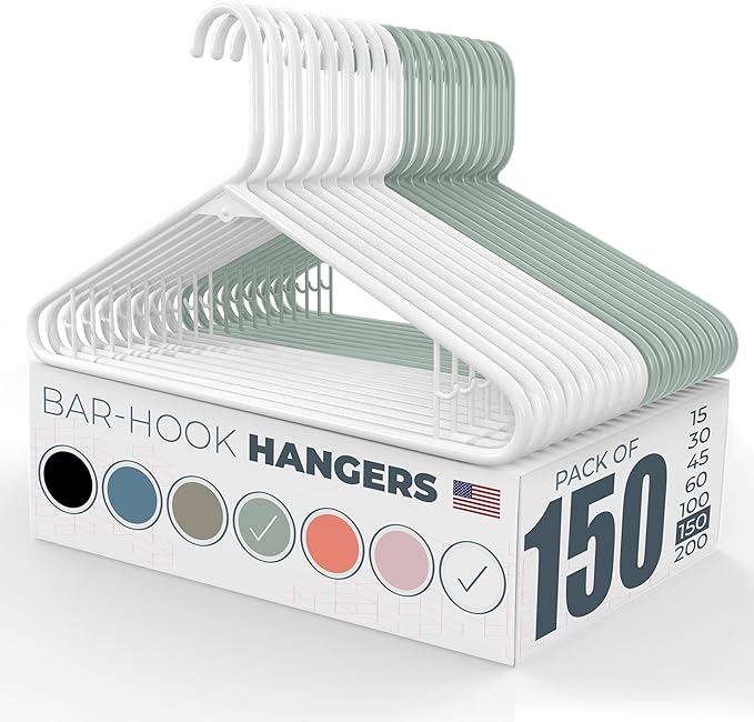 Neaties Plastic Hangers 100+ Pack (150 Count) – Made in the USA – 6lb Capacity Standard Clothes Hangers with Strap Hooks for Dresses, Lingerie, Shirts, Pants, and Jackets – White & Mint