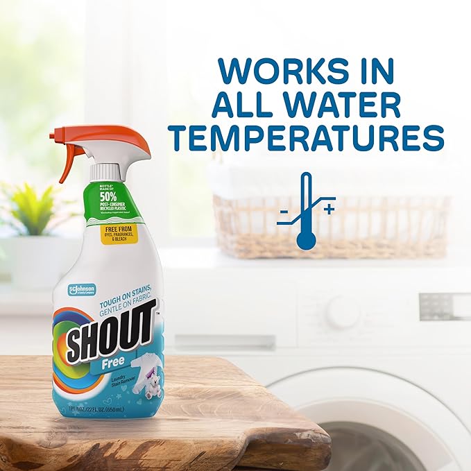 Shout Free Laundry Stain Remover Spray, Active Enzyme Formula is Fragrance, Bleach, and Dye Free, Removes Everyday Stains including Baby Stains - 22oz Spray