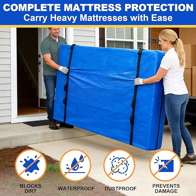 TICONN Mattress Bags for Moving, Heavy Duty Cali King Mattress Cover Storage Bag with Full-Around Handle and Adjustable Buckles (Blue, Cali King)