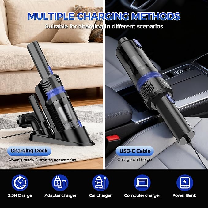 Handheld Vacuum Cordless Rechargeable 2-Speed Modes| 3-in-1 Portable Cordless Vacuum Cleaner with Charging Dock, for Car Home Office and Pet Hair（Blue）