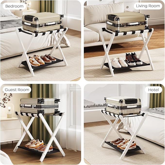 oakvivo Fully Assembled 2 Pack Luggage Rack with Fabric Storage Shelf, 26.77" Bamboo Folding Luggage Rack for Guest Room, Luggage Stand Holder, Thickened Suitcase Stand Holds up to 165 Lbs, White