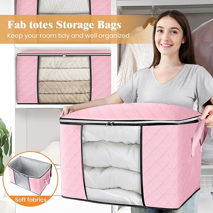 Fab totes 24 Gallons Clothes Storage, Foldable Thick Fabric Blanket Storage Bags, Containers for Organizing Bedroom, Closet, Clothing, Comforter, Organization with Handle (6 Pack,Pink)