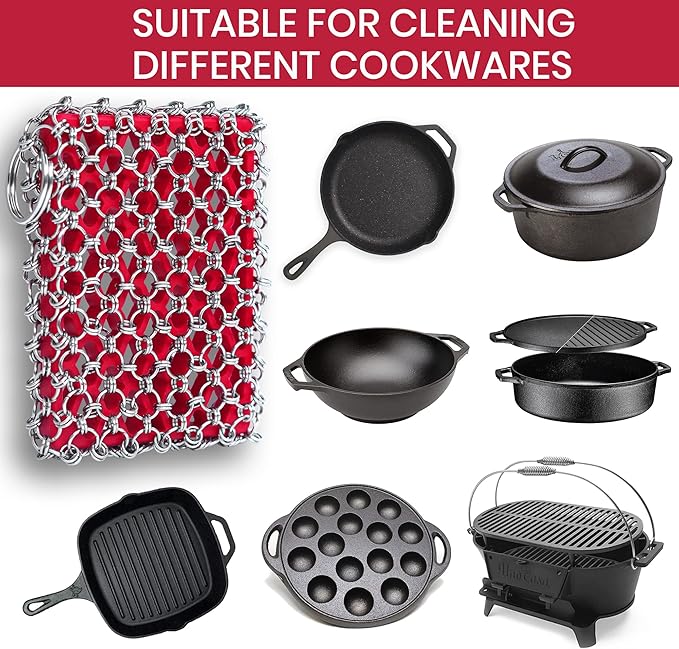 Cast Iron Scrubber Kit + Pan Scraper - 316 Cast Iron Chainmail Scrubber - Skillet Cleaner Scrubber - Cast Pan Scrubber Cleaner - Chainmail Chain Scrubber - Silicone Sponge - Dishwaher Safe