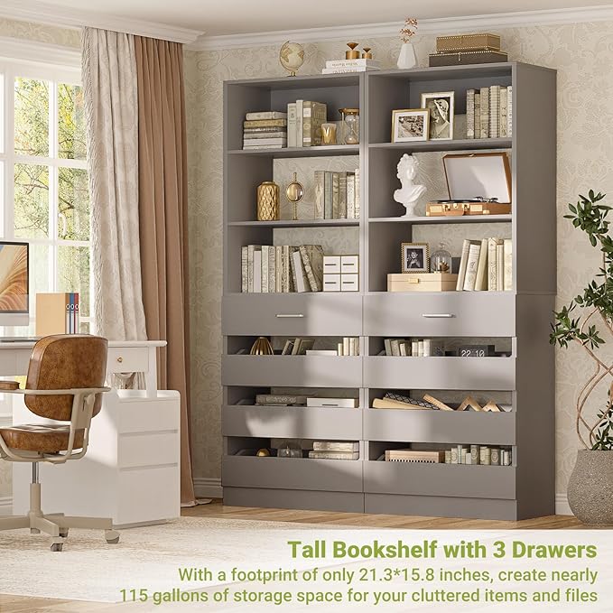 Aheaplus 21.3" Closet System with 4 Drawers, Wood Closet Organizer with Open Shelves, Modular Drawers System Tower, Walk-in Closet Small Wardrobe Rack, Tall Storage Cabinet Unit, Grey1