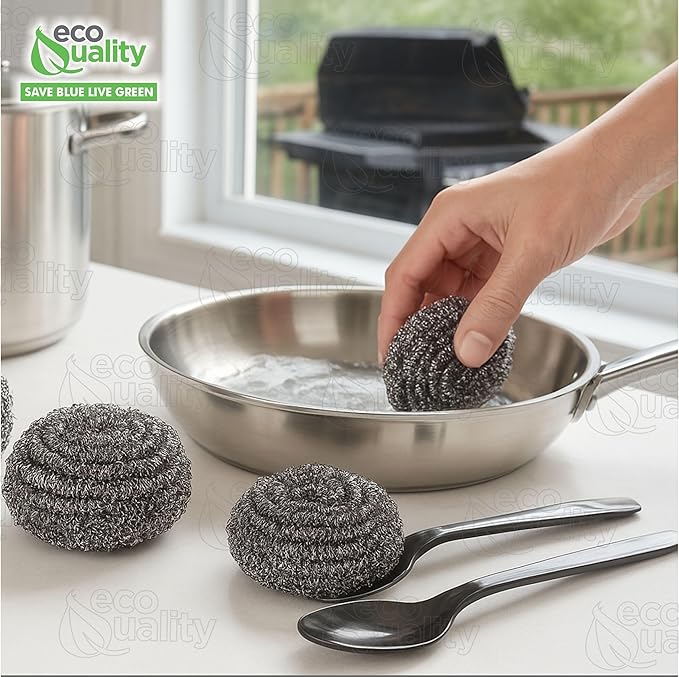 3 Pack Stainless Steel Sponges, Steel Wool Scrubber, Scrubbing Scouring Pad for Pots, Pans and Ovens Great for Kitchen, Bathroom, Outdoors by EcoQuality