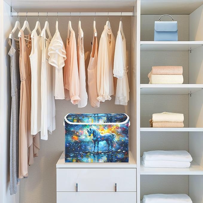 senya Large Storage Bins with Linen Collapsible Foldable Storage Cubes Fabric Closet Organizer Containers box with Flip-Top Lid for Home Bedroom Office 16.7 x 12.6 x 11.8in (Unicorn Stars Pattern)