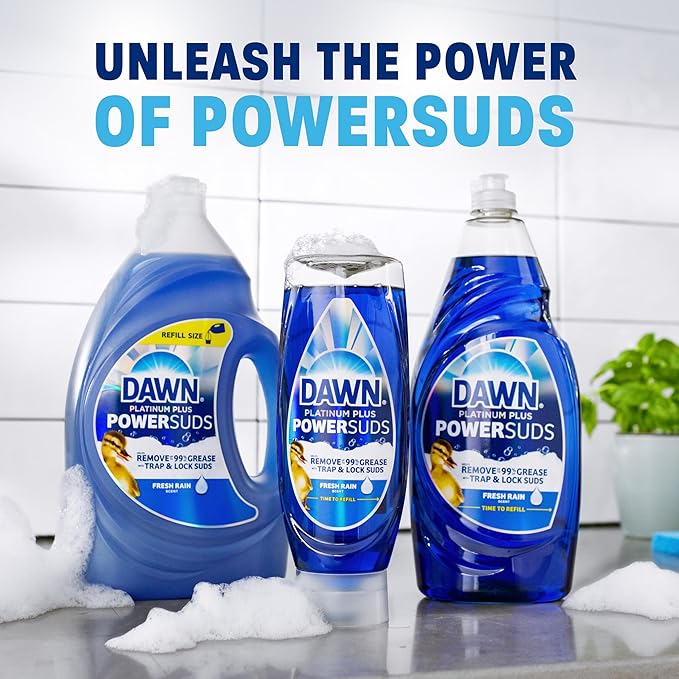 Dawn Platinum Plus PowerSuds EZ-Squeeze Dish Soap Liquid, Dishwashing Liquid, Grease Removal, Upside Down Bottle, Fresh Rain Scent, 2x17.4 Fl Oz Bundle