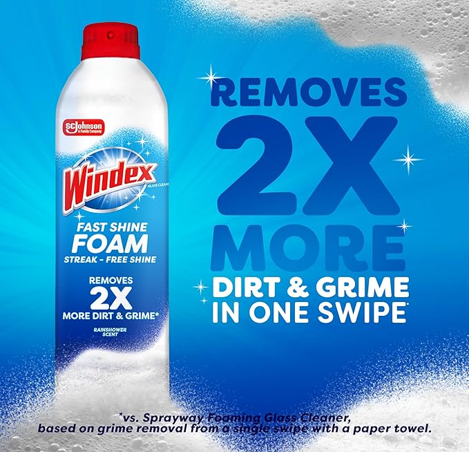 Windex Fast Shine Foam Glass Cleaner, No-Drip Windows, Doors, Mirrors & Countertops Aerosol Cleaning Spray, Streak-Free Shine, Removes Fingerprints, Dust, Dirt, Grime & More 19 oz (Pack of 6)
