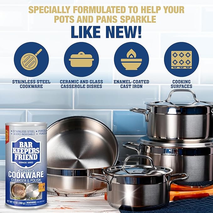 Bar Keepers Friend Cooktop Cleaner (13 oz) Multipurpose Liquid Stovetop Cleanser + Cookware Cleanser & Polish (12 oz) Stainless Steel Cleaner & Degreaser for Pots, Pans, Bakeware & Grills