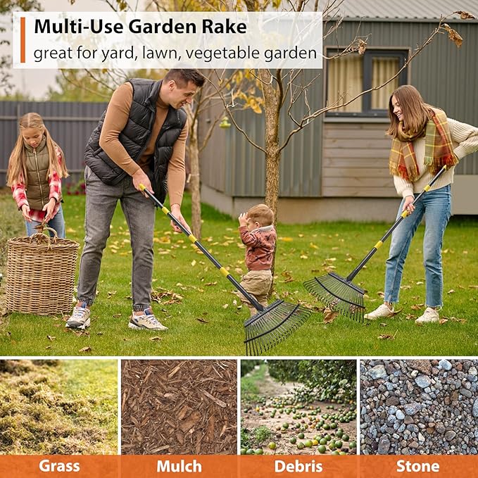 Rake, Gardening Rakes for Leaves Lawns Heavy Duty, 79 in Leaf Rake with 25 Clog-Free Tines, 18.5” Wide Large Head, Metal Garden Tools for Yard Quick Cleanup Garss, Debris, Detachable for Camping