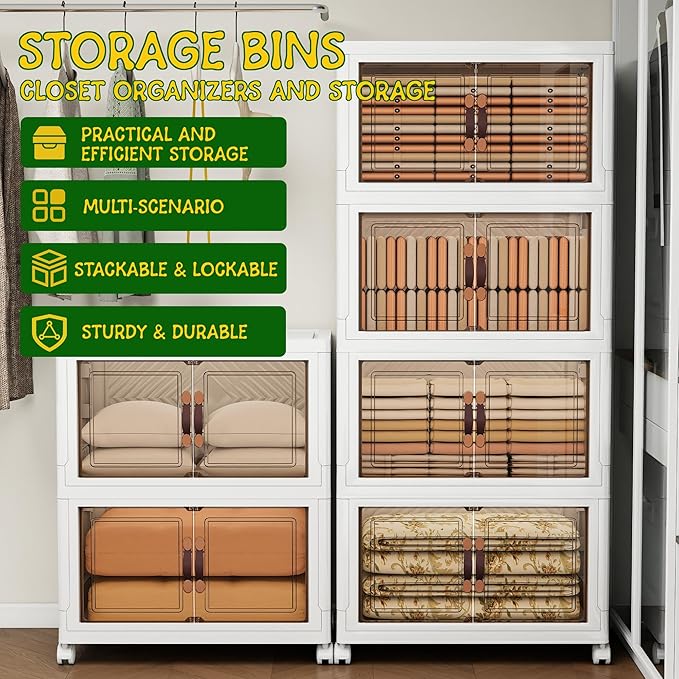 Storage Bins with 2 Lids and Wheels, 990QT-165QT*6Tier Collapsible Bathroom Storage Cabinet with Clear Doors, Plastic Stackable Closet Organizers and Containers White
