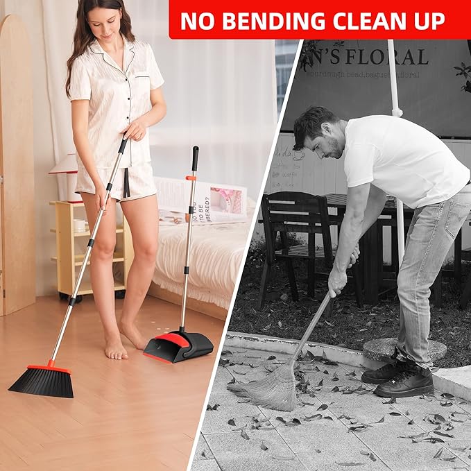 Broom and Dustpan Set for Home,52-in Long Adjustable Handle Angle Broom for Sweeping Indoor Dustpan Teeth to Clean Pet Hair Suitable for Home Kitchen Office
